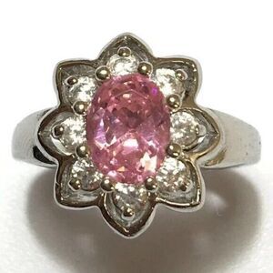 Halo Ring Size 6 Flower Design Silver Tone Pink & Clear Rhinestones